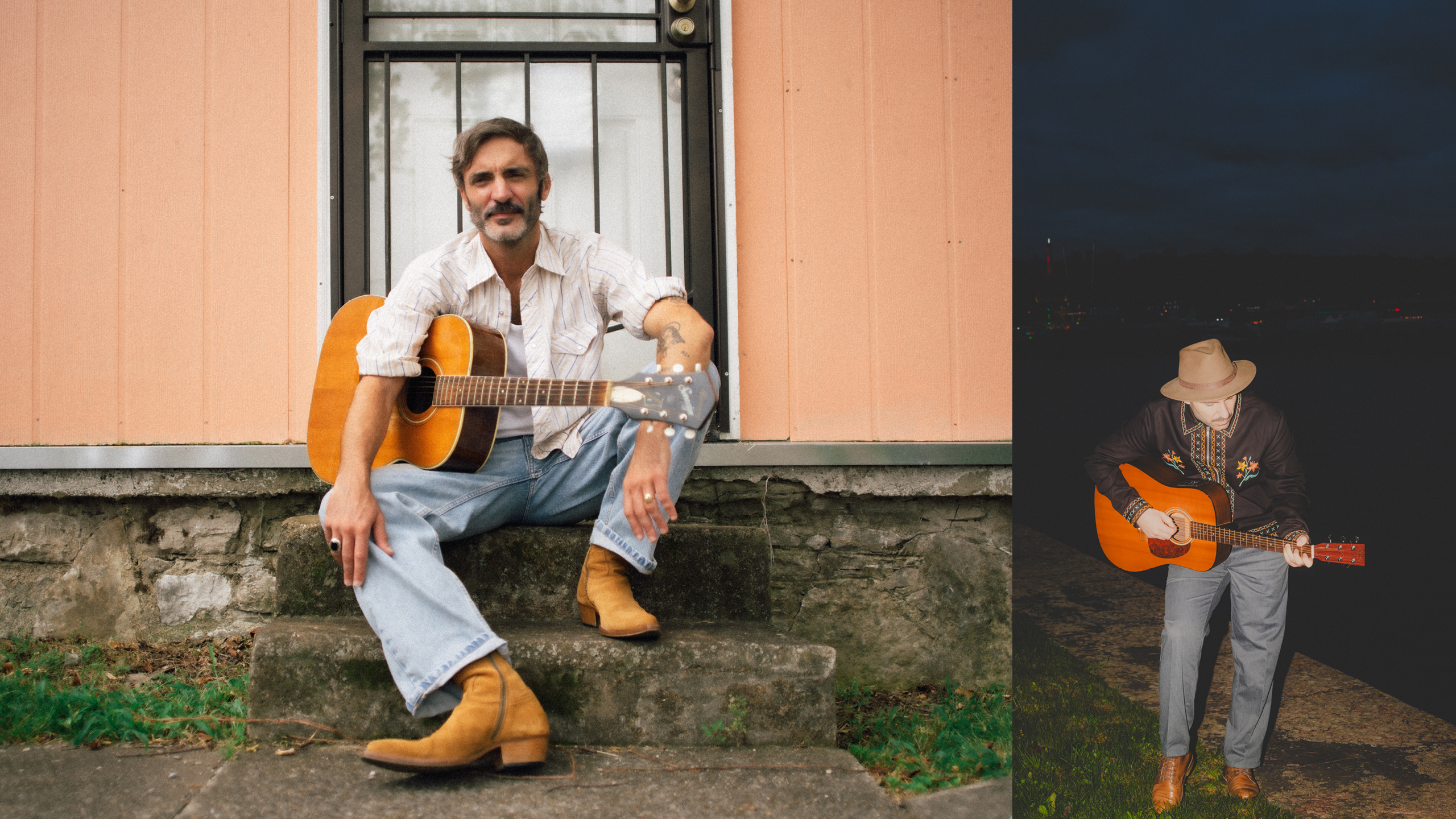 Photo de Talisco avec une guitare acoustique et des santiagues et phot de Jahen avec une guitare acoustique et un chapeau type cow-boy